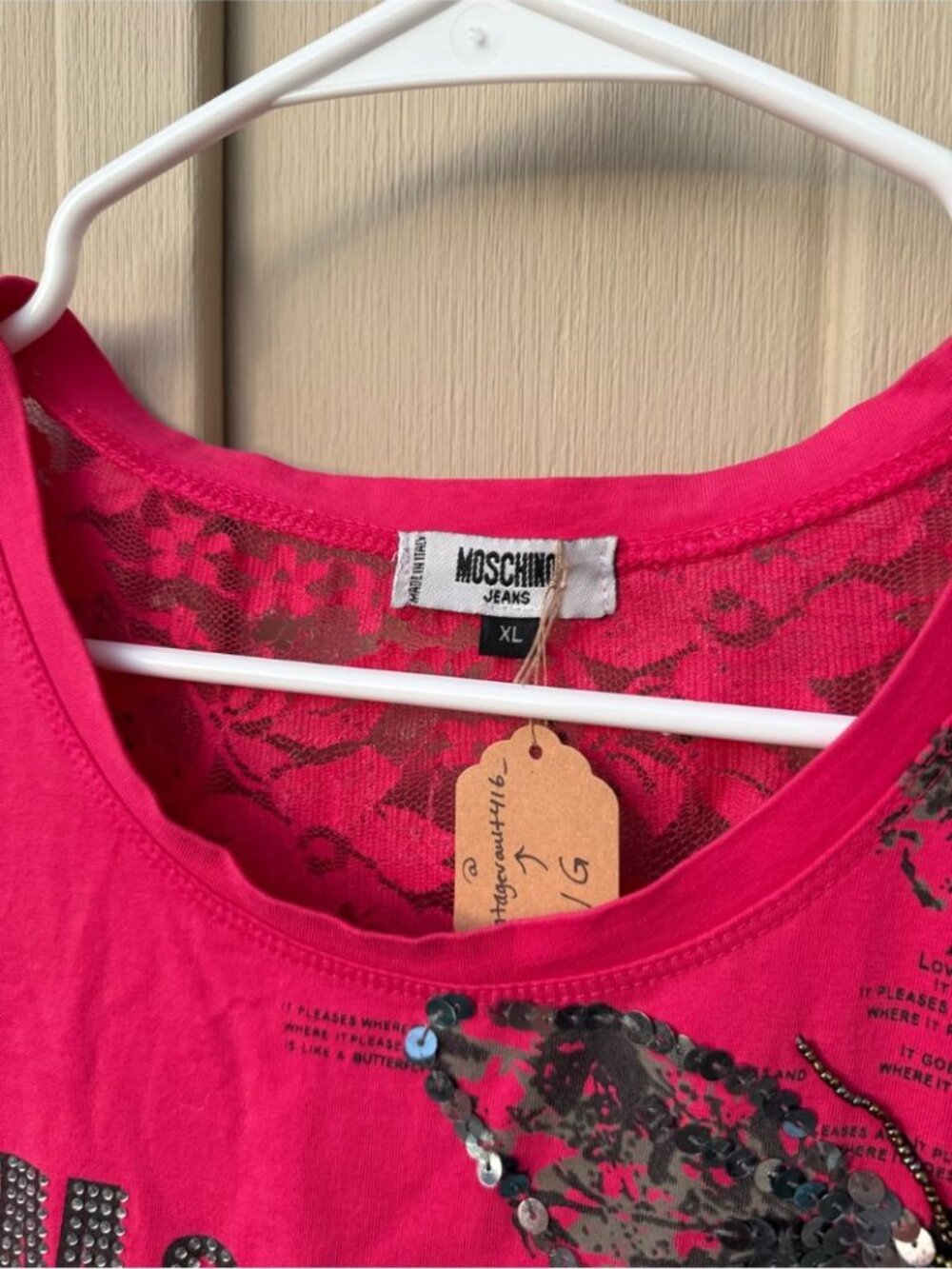 Moschino Jeans Y2K Italy Hot Pink Butterfly Sequin Tee - Picture 2 of 6